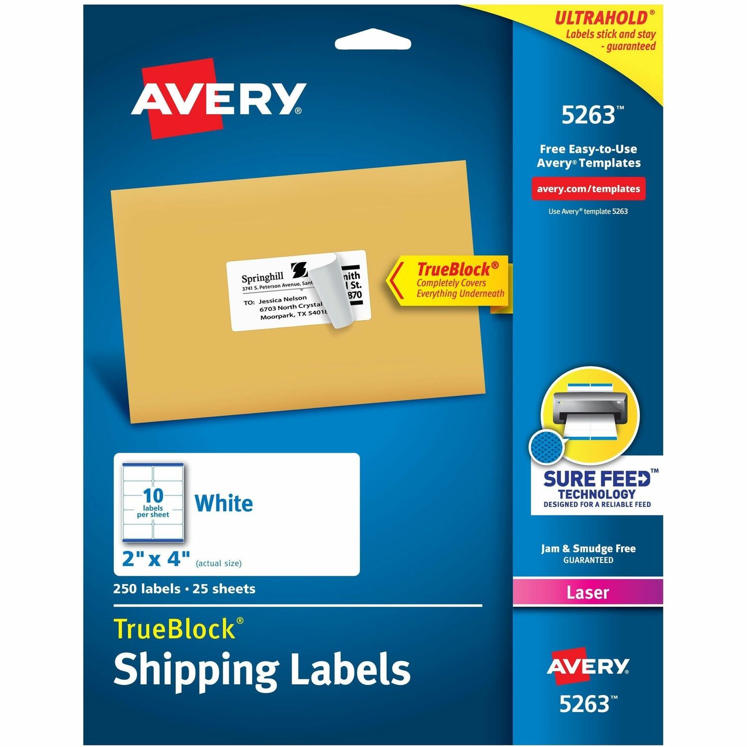 Avery Laser Labels,  4 X 2, 10 Per Sheet, 250 Labels, Pack of 25