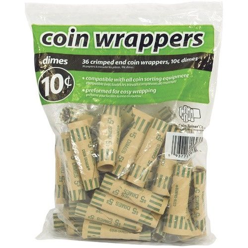 Paper Tube Coin Roll Wrappers, Dimes, 36 Pack