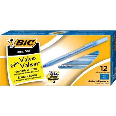 BIC Round Stic Ballpoint Pen , Medium, Blue, Box of 12