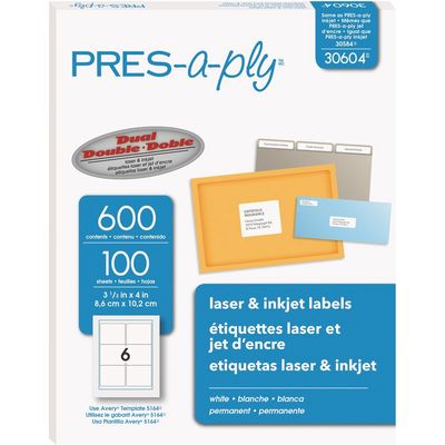 PRES-a-ply  Labels, 3-1/3" x 4" , Permanent-Adhesive, 6-up, 600 labels -
