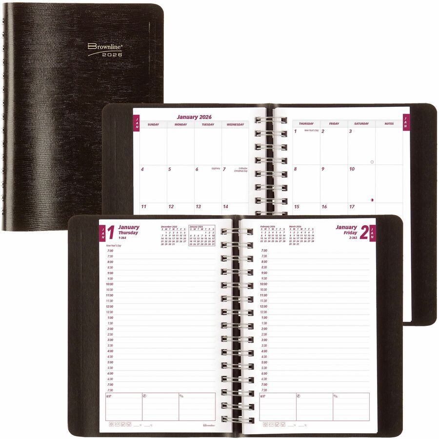 Brownline Essential Daily Planner Twin Wire, 8" x 5", Black