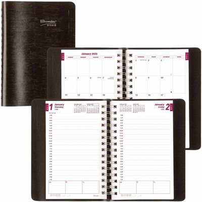 Brownline Essential Daily Planner Twin Wire, 8" x 5", Black