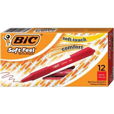BIC Soft Feel Retractable Ball Pen, Medium, Red, Box of 12