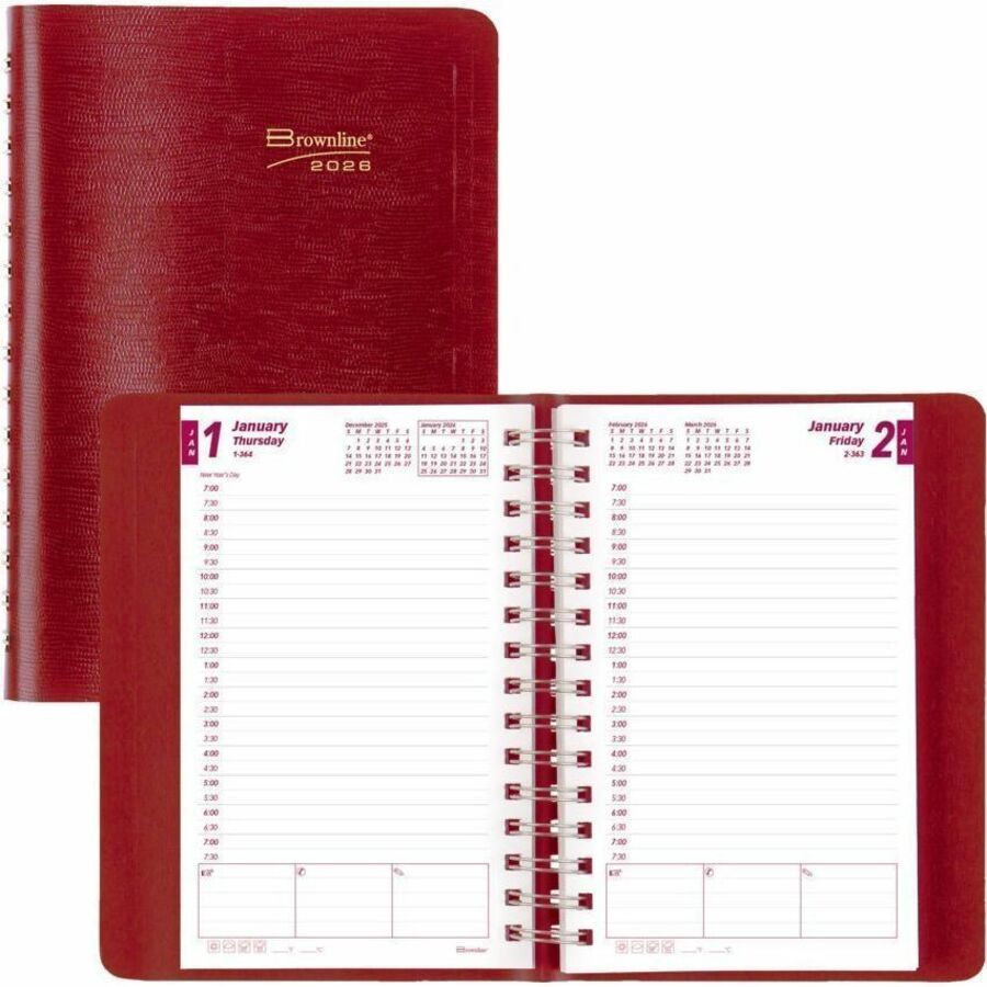 Brownline Essential Daily Planner Twin Wire, 8" x 5", Red