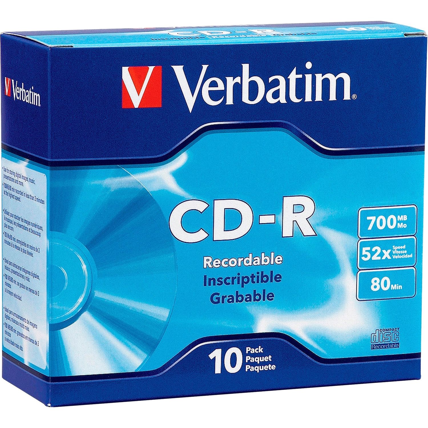 Verbatim CD-R, 700MB, 52X, 10 Pack With Slim Case