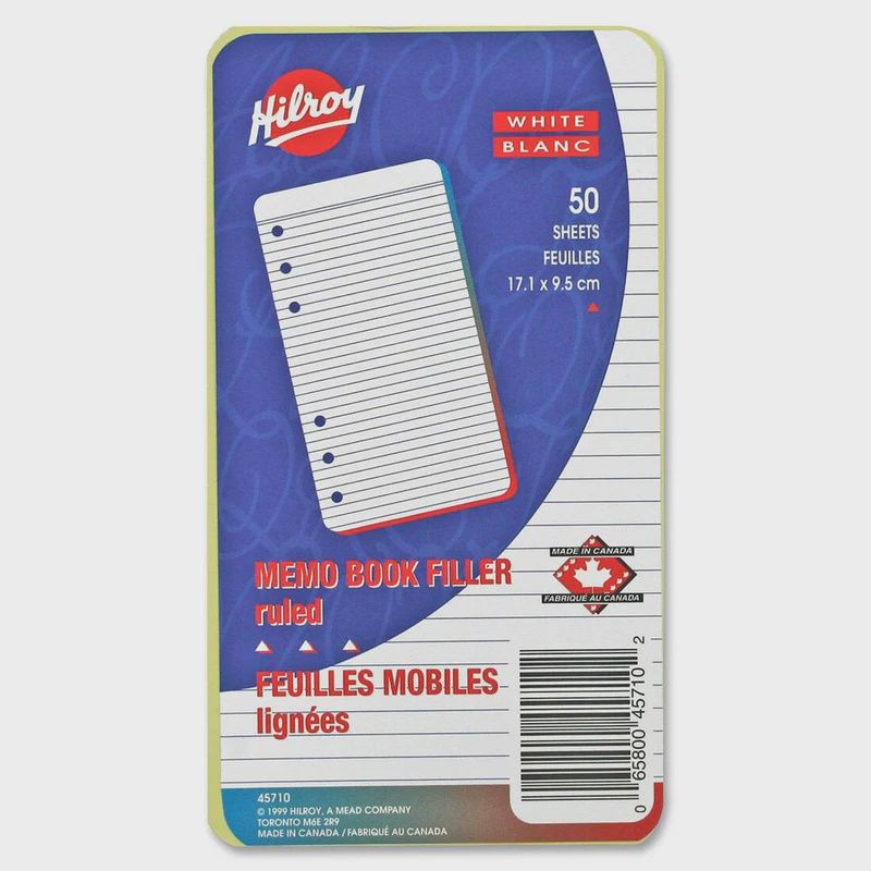 Hilroy Memo Book Refills, 50 Sheets,  3 3/4" x 6 3/4", 6 Hole Punched, Pack of 50