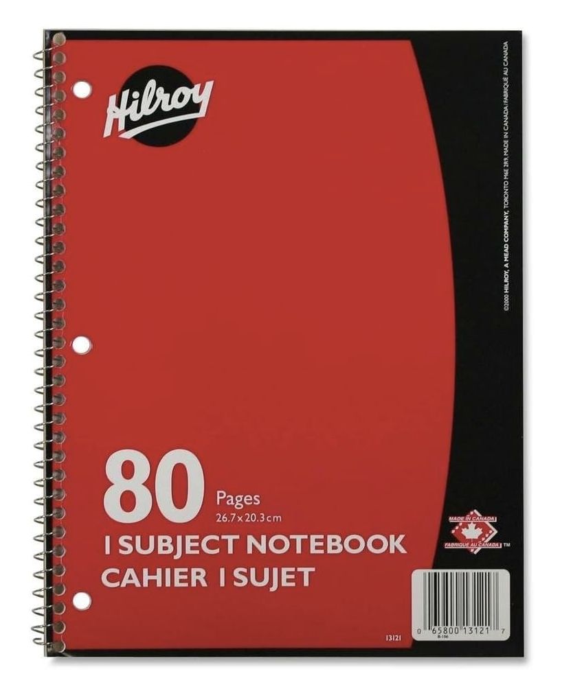 Hilroy One Subject Notebook, 80 Sheets, Spiral Bound, 8" x 10 1/2"