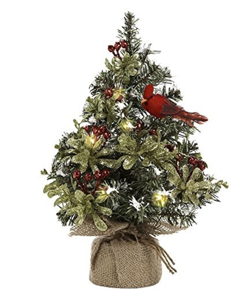 Light Up Mini Christmas Tree Evergreen with Red Cardinal, 12"