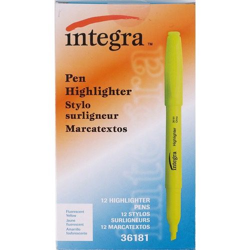 Integra Pen Style Fluorescent Highlighters, Chisel Point, Yellow, Box of 12
