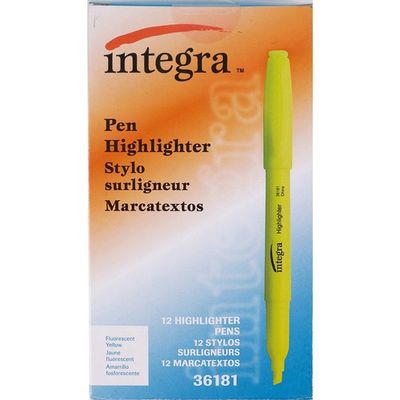 Integra Pen Style Fluorescent Highlighters, Chisel Point, Yellow, Box of 12