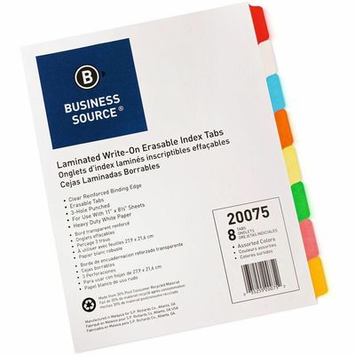 Business Source Write-On Index Tabs , 8 Tabs, Assorted Colours