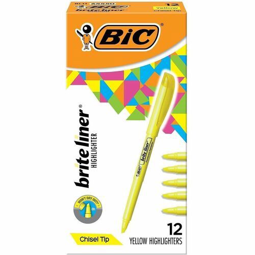 BIC Brite Liner Highlighters, Chisel Point,  Yellow, Box of 12