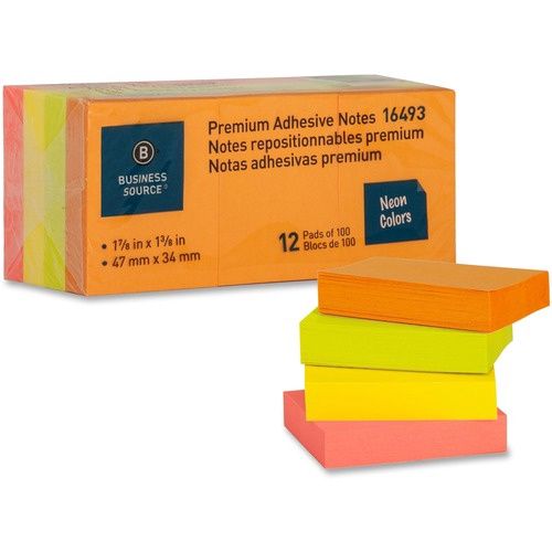 Business Source Neon Colours Adhesive Notes - 1 7/8" x 1 3/8", 12 Pack