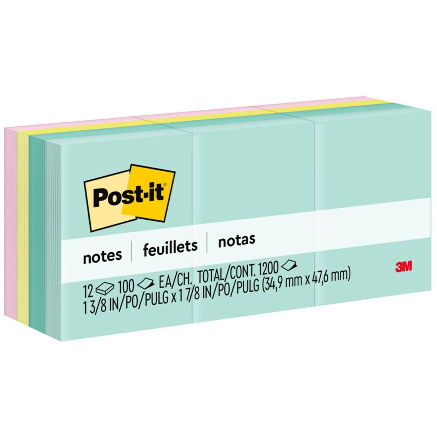 Post-it Notes, Beachside Café Collection, 1 3/8" x 1 7/8", 100 Per Pad, Self adhesive, Repositionable, 12 Pack
