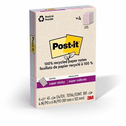 Post-it Super Sticky Adhesive Notes, 4" x 6",  45 Sheets per Pad, Assorted Wanderlust Pastel, Repositionable, 4 Pack