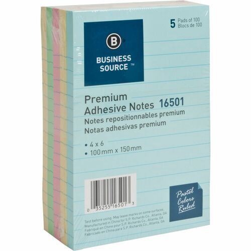 Business Source Ruled Adhesive Notes, 4" x 6",  Pastel Colours, 5 Pack