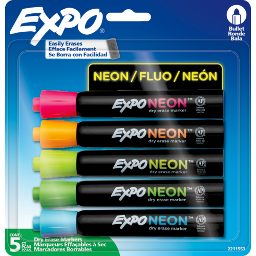 Expo Neon Dry-Erase Markers, Bullet Point, Yellow, Blue, Green, Orange, Pink, 5 Pack