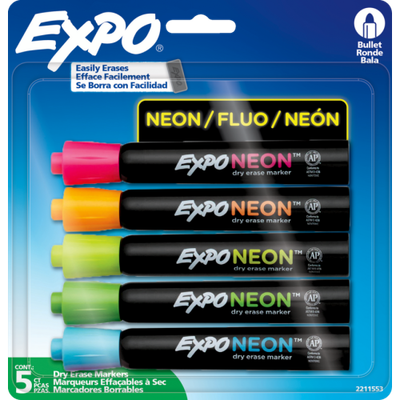 Expo Neon Dry-Erase Markers, Bullet Point, Yellow, Blue, Green, Orange, Pink, 5 Pack