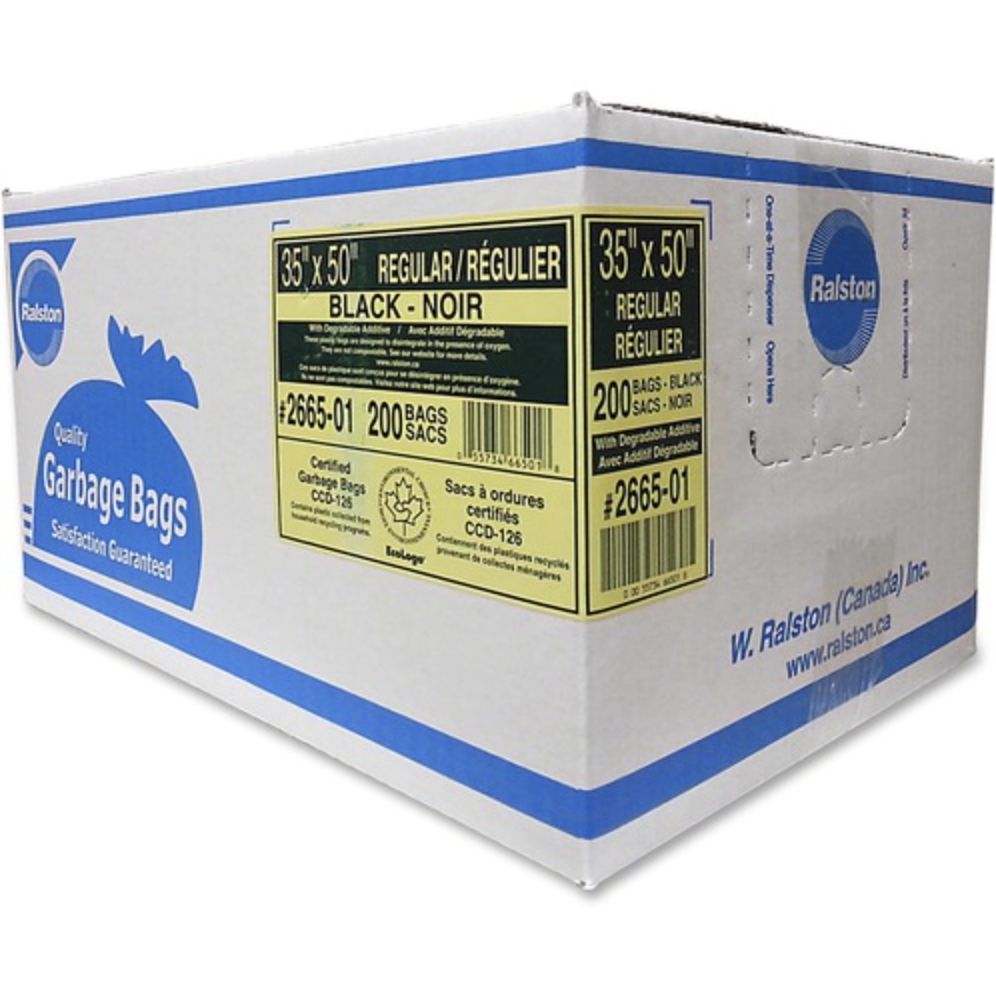 Ralston Black Regular Garbage Bags, 35" x 50", Black, Box of 200