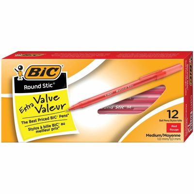 BIC Round Stic Ballpoint Pens, Medium, Red, Box of 12