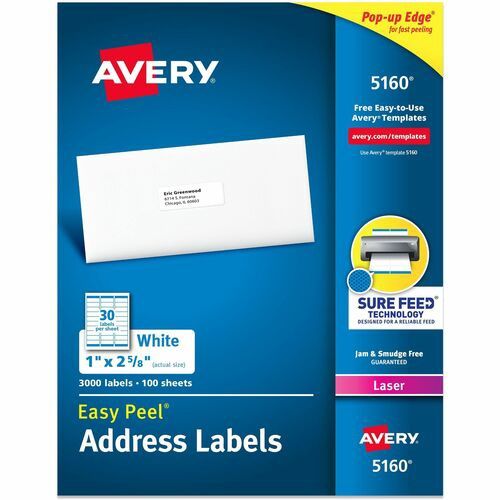 Avery Address Labels, 1" x 2 5/8",  30  Per Sheet, 100 Sheets,  3000  Labels Per Box