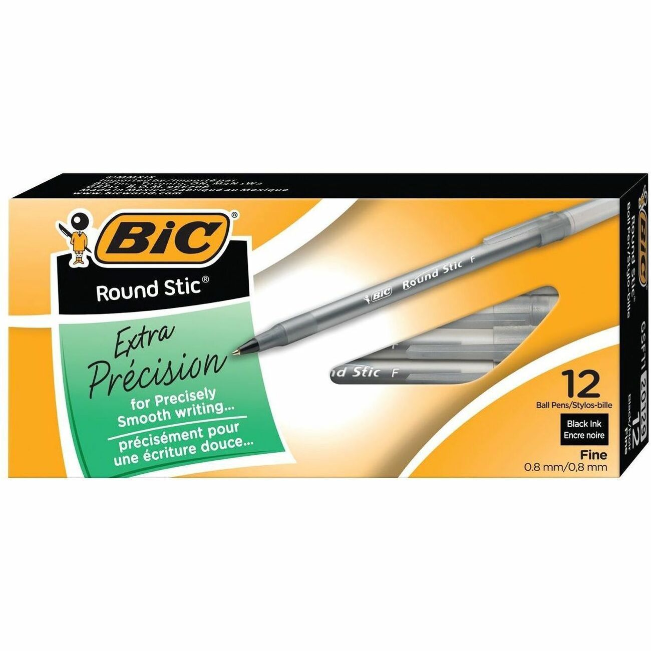BIC Round Stic Ballpoint Pens, Fine, Black, Box of 12