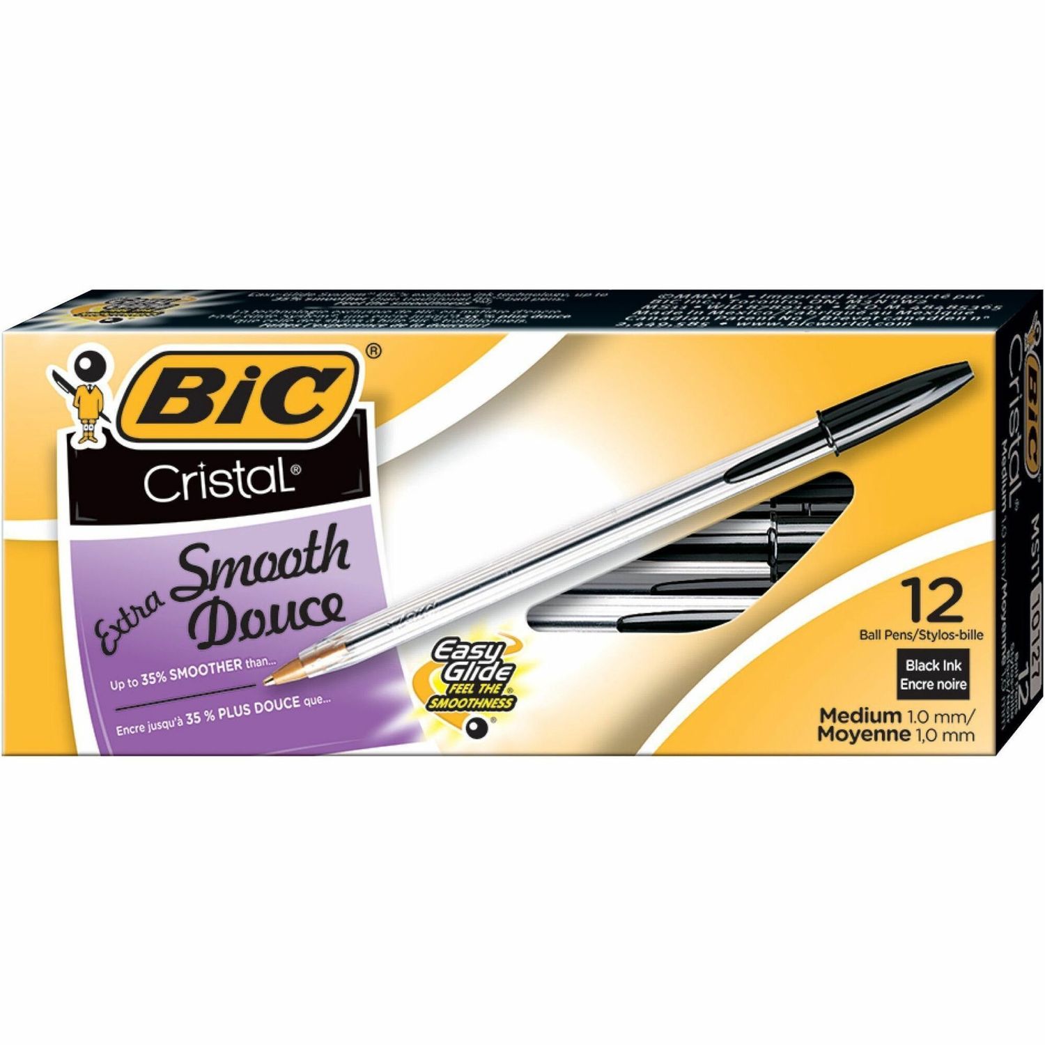 BIC Cristal Extra Smooth Ballpoint Pen, Medium, 1.0 m, Black, Box of 12