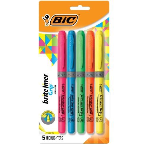 BIC Brite Liner Grip, Chisel Tip, Assorted Colours, Pack of 5