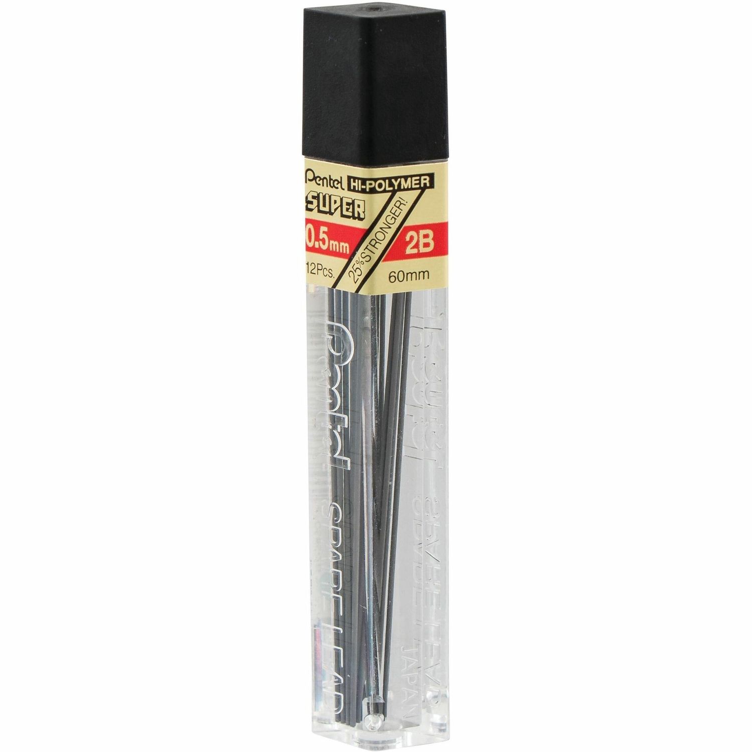 Pentel Super Hi-Polymer Leads, 0.5 mm, Fine Point, 2B Black, 12 Pack
