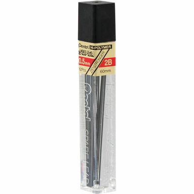 Pentel Super Hi-Polymer Leads, 0.5 mm, Fine Point, 2B Black, 12 Pack