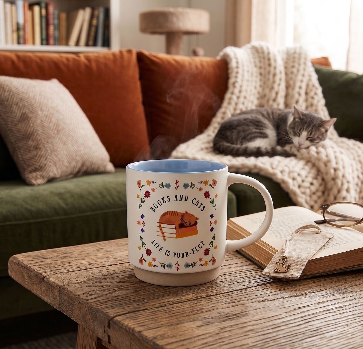 Books And Cats Mug, 18oz, Ceramic