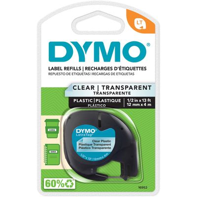 Dymo Letra Tag Label Tapes, 1/2" x 13', Black on Clear