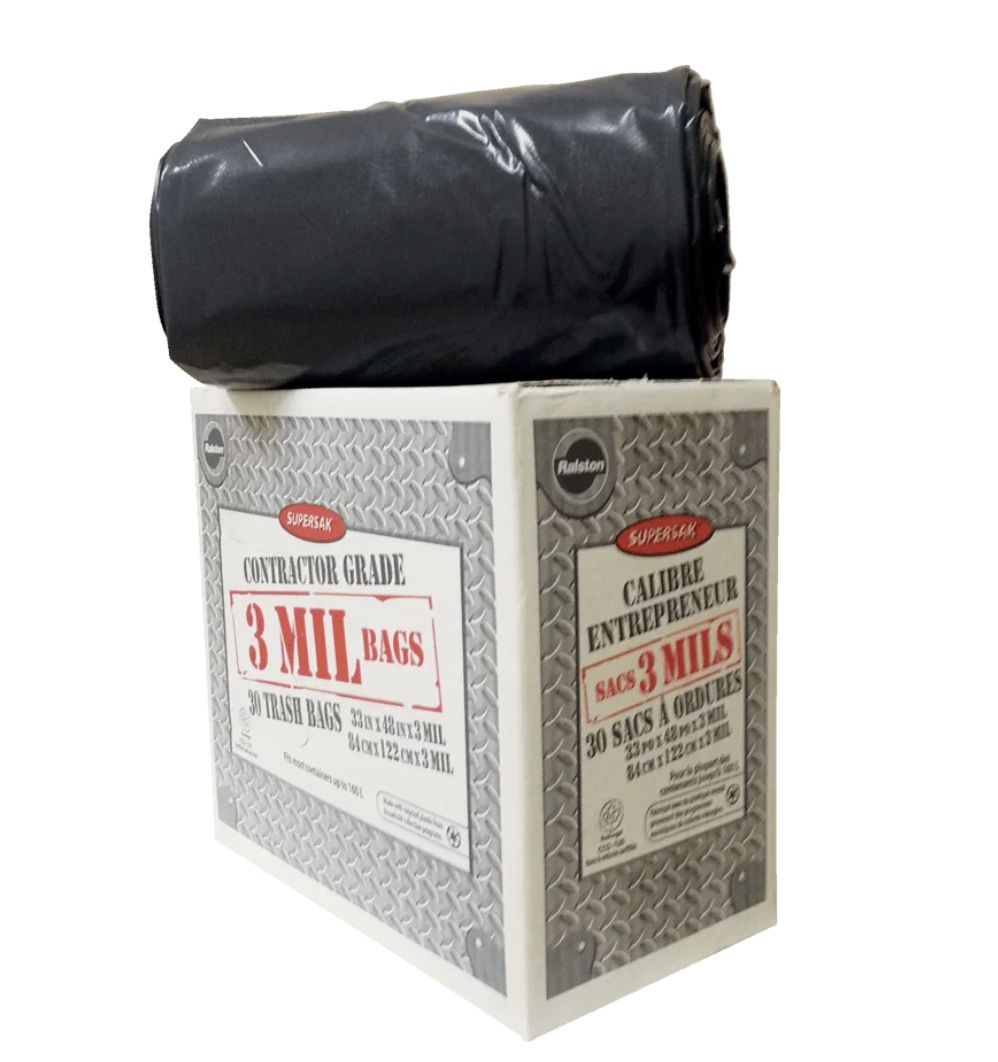 Supersak Contractor Grade Garbage Bags,  33" x 48" , 3 mil , Black, Box of 30