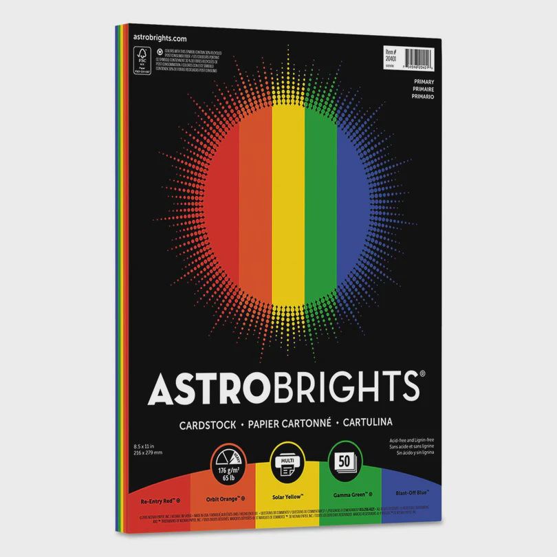 Astrobrights 65lb Cover / Cardstock Paper, 8.5" x 11",  Primary 5-Colour 50 Pack