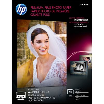 HP Premium Plus Inkjet Photo Paper, 5" x 7", 80 lb, Glossy, Pack of 60
