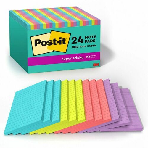 Post-it Super Sticky Notes, Supernova Neons Color Collection, 4" x 6", Blue, Green, Pink, Lilac, Pack of 24