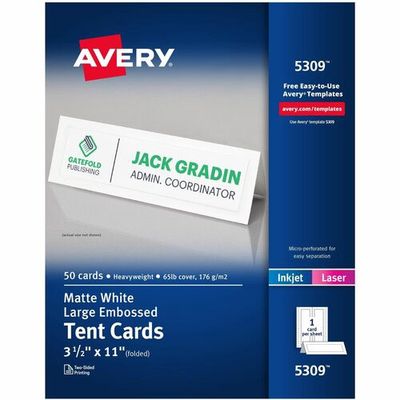 Avery Laser, Inkjet Tent Cards, White, 3 1/2" x 11", Box of 50