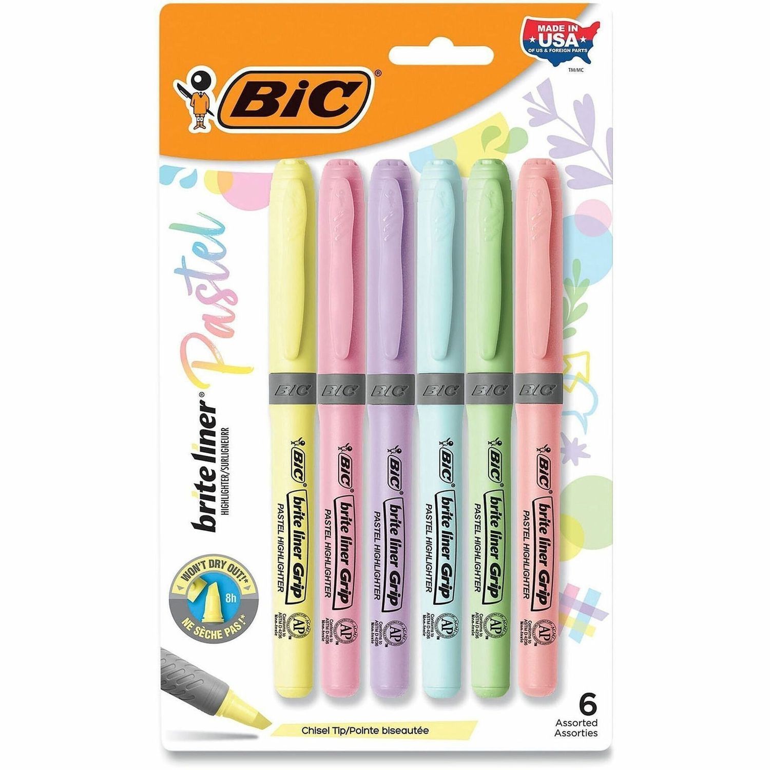 BIC Brite Liner Grip Highlighter, Chisel Tip (1.6 mm), Assorted Pastel Colours