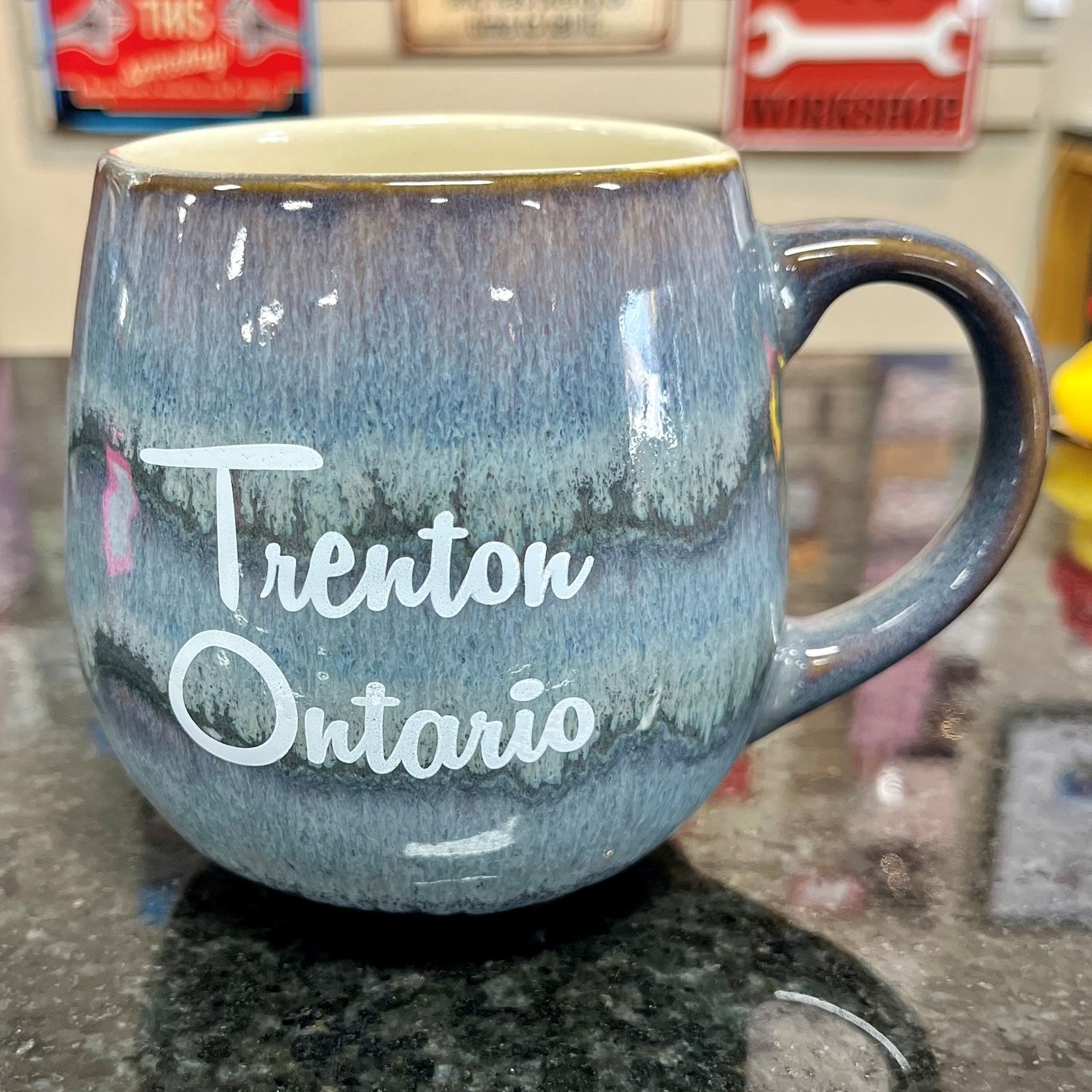 PP Blue Barrel Glazed 19oz Mug Customized With Trenton, Ontario