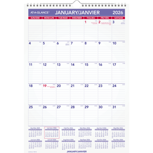 At-A-Glance Monthly Wall Calendar, 12" x 17" , Bilingual