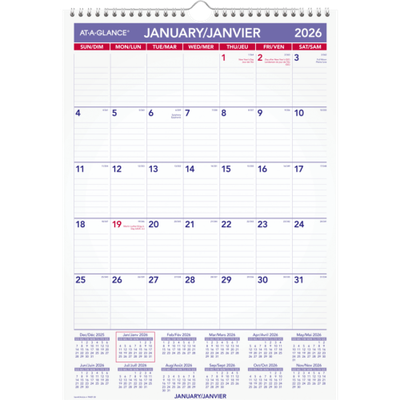 At-A-Glance Monthly Wall Calendar, 12" x 17" , Bilingual