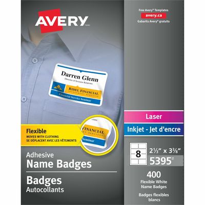 Avery Flexible Name Badge Labels, Laser and Inkjet, 3 3/8" x 2 1/3", Box of 400