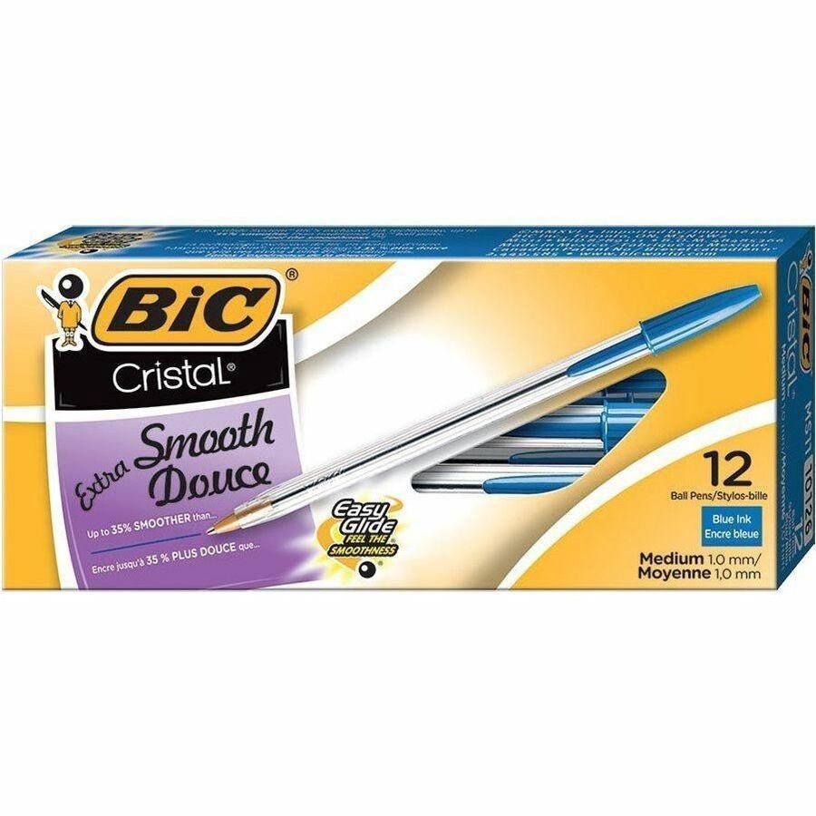 BIC Cristal Extra Smooth Ballpoint Pen, Medium, 1.0 m, Blue, Box of 12