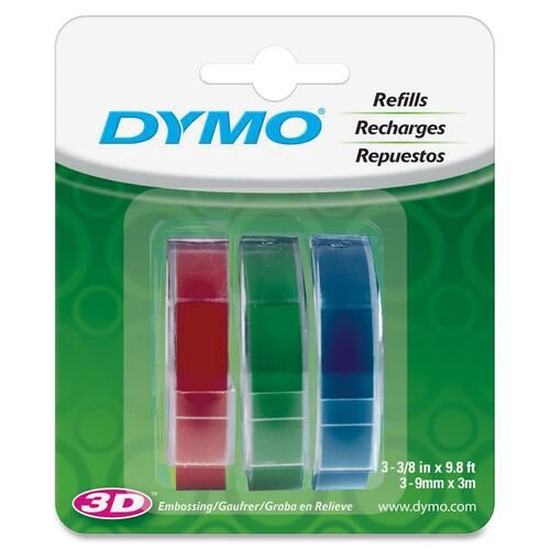 Dymo Glossy Embossing Tape, 3/8" x 117 3/5", Blue, Red, Green Vinyl, 3 Pack