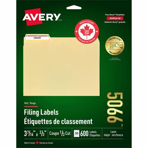 Avery TrueBlock File Folder Labels, 3-7/16" x 2/3", Red Bar, Pack of 600