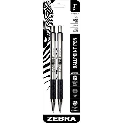 Zebra F-301 Retractable Stainless Steel Ballpoint Pens, Fine, 0.7 mm, Black, 2 Pack