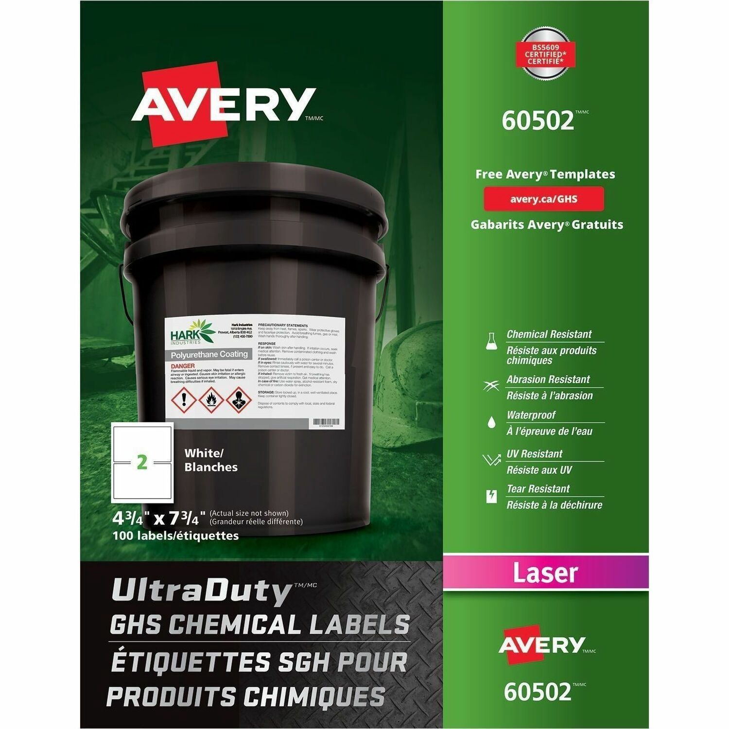 UltraDuty GHS Chemical Labels, 4 3/4" x 7 3/4", 2 Up, 50 sheets, 100 Labels