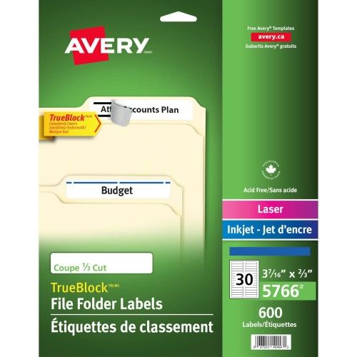 Avery TrueBlock File Folder Labels, 3-7/16" x 2/3", Blue Bar, Pack of 600