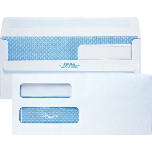 Double Window Redi-Seal Security #10 Envelopes, 9 1/2" W x 4 1/8" L, 24 lb, Gummed, White, Box of 500
