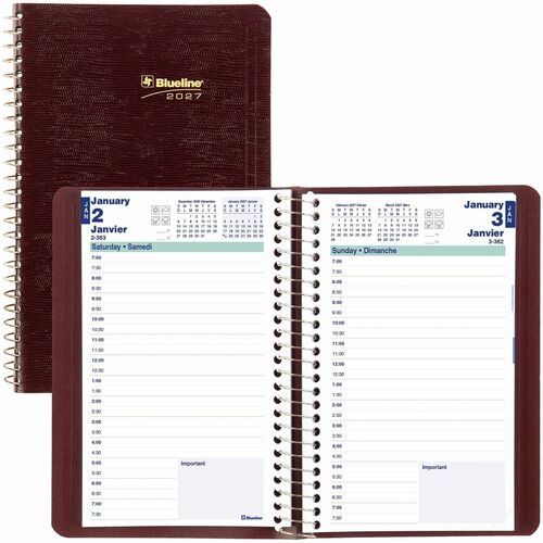 Blueline Daily Planner 8"x 5" Spiral Bind 2027, Burgundy